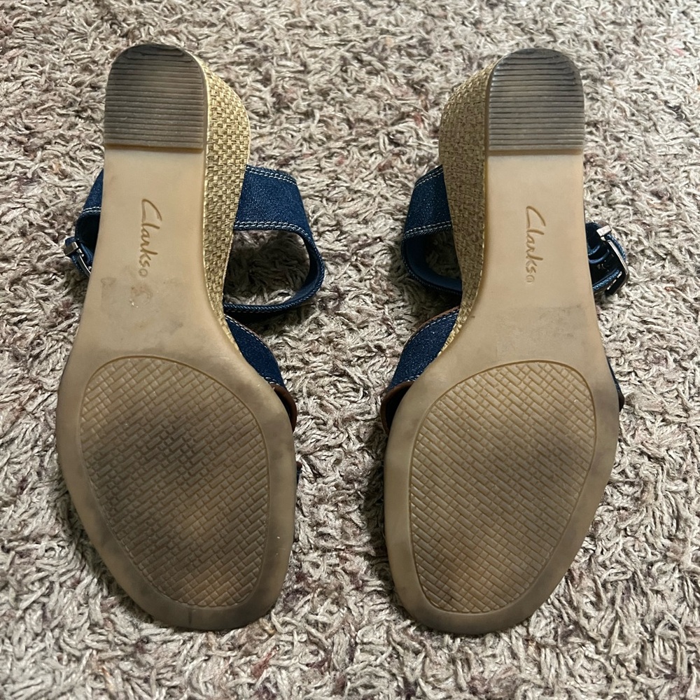 Clark: Denim Wedge Sandals with Ankle Strap – Size 7 - Picture 8 of 8